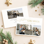Cartes Pour Fêtes Annuelles Salutations festives | Gold White 3 Photo Noël<br><div class="desc">Ce salut festif | Gold White 3 Photo Christmas Holiday Card offre un mélange parfait d'élégance et de simplicité. Moderne et minimaliste, il présente une belle calligraphie dorée associée à un espace blanc épuré, ce qui le rend à la fois sophistiqué et festif. Avec trois emplacements photo personnalisables, vous pouvez...</div>