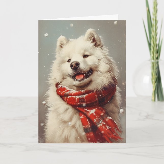 Cartes Pour Fêtes Annuelles Samoyed vintage personnalisé Noël (Devant)