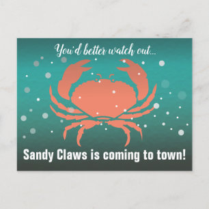 Cartes Pour Fêtes Annuelles Sandy Claws Crabe de Noël Turquoise