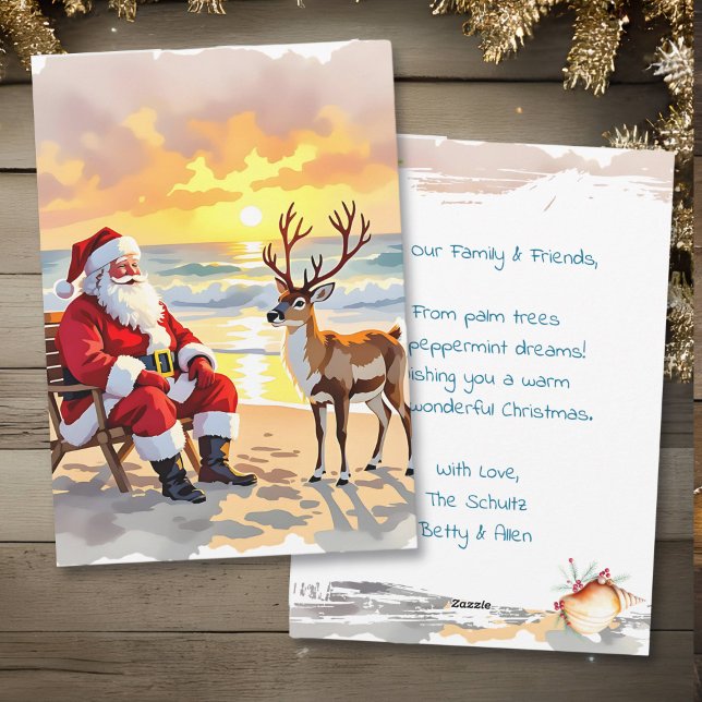 Cartes Pour Fêtes Annuelles Santa and Reindeer at Beach Personalized Christmas (Créateur téléchargé)