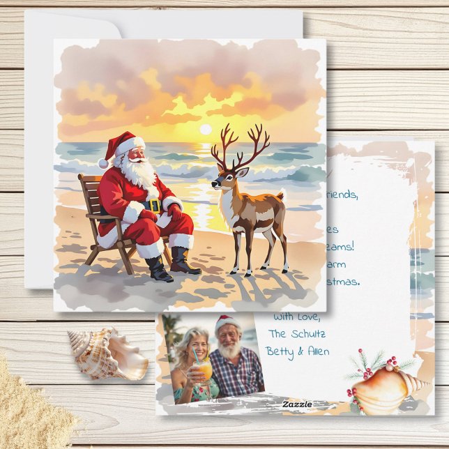 Cartes Pour Fêtes Annuelles Santa and Reindeer at Beach Personalized Christmas (Créateur téléchargé)