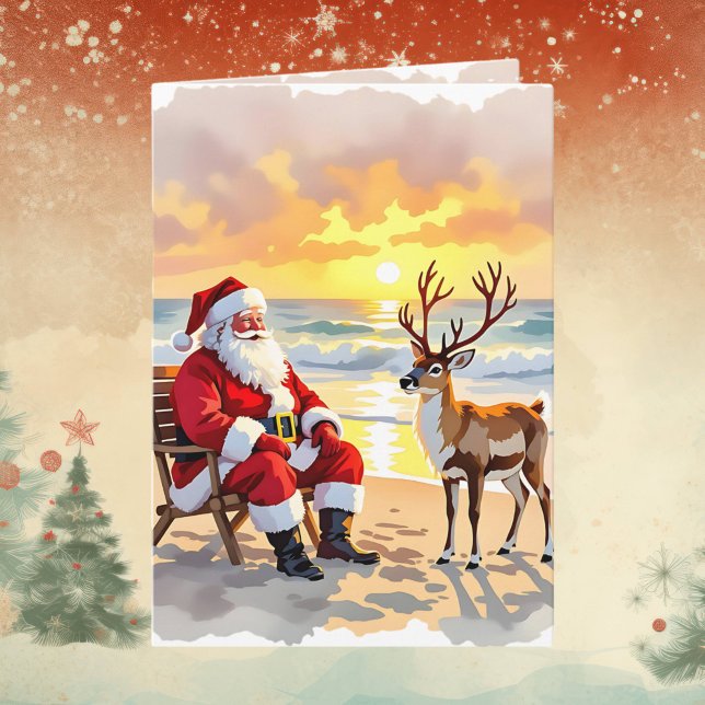 Cartes Pour Fêtes Annuelles Santa and Reindeer at Beach Personalized Christmas (Créateur téléchargé)