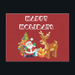 Cartes Pour Fêtes Annuelles Santa and Reindeer par Christmas Tree with Present<br><div class="desc">Une jolie illustration avec l'esprit de fête. Le Père Noël portant son sac cadeau et saluant. Son ami renne à ses côtés,  suspendu par un sapin décoré,  avec des cadeaux tout autour. Placez-vous sur un arrière - plan rouge avec des cercles fantaisistes. Design festif et gai.</div>