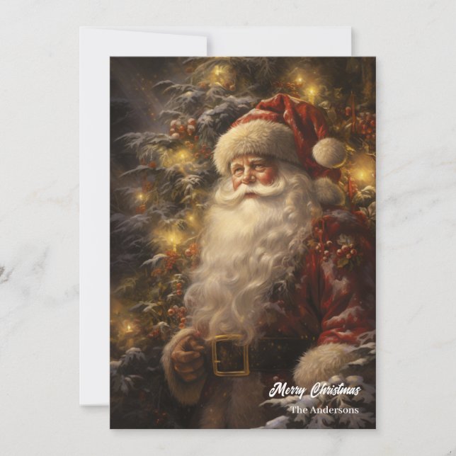 Cartes Pour Fêtes Annuelles Santa Claus à l'ancienne dans la forêt neigeuse (Devant)