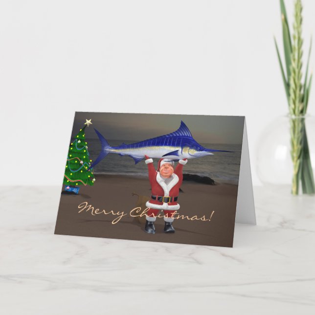Cartes Pour Fêtes Annuelles Santa Claus attrape un marlin bleu (Devant)