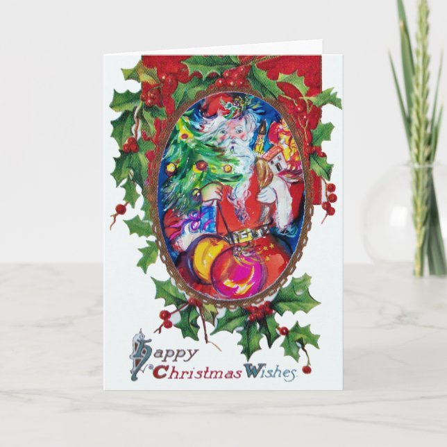 CARTES POUR FÊTES ANNUELLES SANTA CLAUS AVEC ARBRE DE NOËL ET CADEAUX (Devant)
