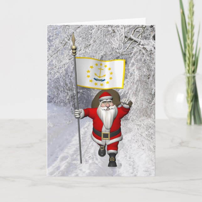 Cartes Pour Fêtes Annuelles Santa Claus Avec L'Enseigne De Rhode Island (Devant)