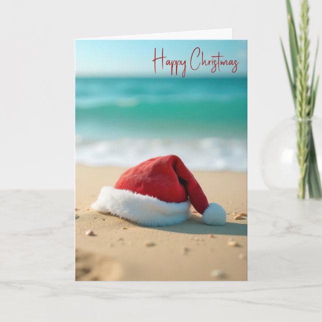 Cartes Pour Fêtes Annuelles Santa Claus Casquette sur une plage tropicale (Devant)