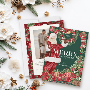 Cartes Pour Fêtes Annuelles Santa Claus classique Arbre de Noël Photo verte
