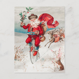 Cartes Pour Fêtes Annuelles Santa Claus équitation Vélo, Reindeer et Rabbit