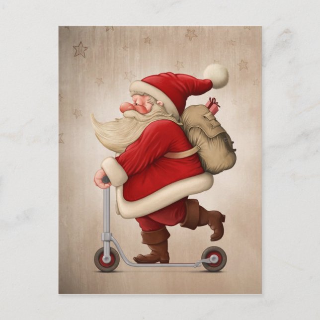 Cartes Pour Fêtes Annuelles Santa Claus et le scooter Push (Devant)