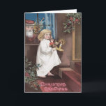 Cartes Pour Fêtes Annuelles Santa Claus Joli Petit Jouets Fille Holly<br><div class="desc">Il est temps de fêter les fêtes. Ce dessin vintage de Noël représente le Père Noël qui attend qu'une petite fille mignonne se couche pour descendre la cheminée et y déposer des cadeaux sous le sapin de Noël.</div>