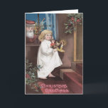 Cartes Pour Fêtes Annuelles Santa Claus Joli Petit Jouets Fille Holly<br><div class="desc">Il est temps de fêter les fêtes. Ce dessin vintage de Noël représente le Père Noël qui attend qu'une petite fille mignonne se couche pour descendre la cheminée et y déposer des cadeaux sous le sapin de Noël.</div>