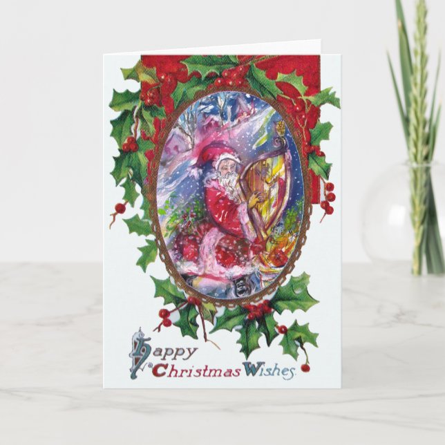 CARTES POUR FÊTES ANNUELLES SANTA CLAUS JOUANT À LA HARPE EN LUMIÈRE DE LA LUN (Devant)