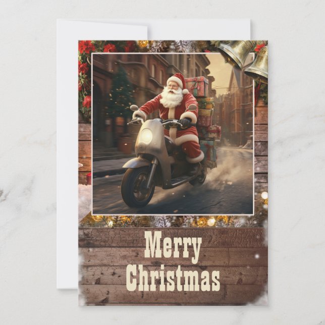 Cartes Pour Fêtes Annuelles Santa Claus Livraison à bord d'un scooter (Devant)