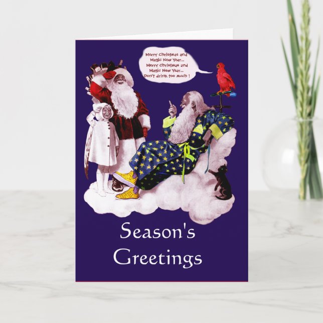 CARTES POUR FÊTES ANNUELLES SANTA CLAUS, PETIT ANGEL ET MERLIN XMAS PARTY (Devant)