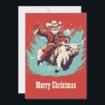 Cartes Pour Fêtes Annuelles Santa Claus sur Rodeo Bull équitation<br><div class="desc">bull santa claus art,  bovine arena country ranch,  animal cow rodeo ride,  sport rider cowboy rouge,  hiver homme dessin animé casquette,  Noël fête Noël illustration,  bull santa claus</div>