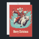 Cartes Pour Fêtes Annuelles Santa Claus sur Rodeo Bull équitation<br><div class="desc">bull santa claus art,  bovine arena country ranch,  animal cow rodeo ride,  sport rider cowboy rouge,  hiver homme dessin animé casquette,  Noël fête Noël illustration,  bull santa claus</div>