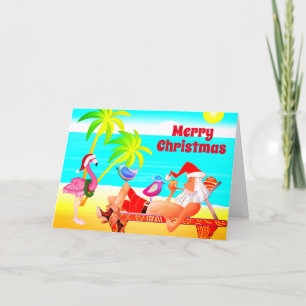 Cartes Pour Fêtes Annuelles Santa Clause et Birds Beach Joyeux Noël