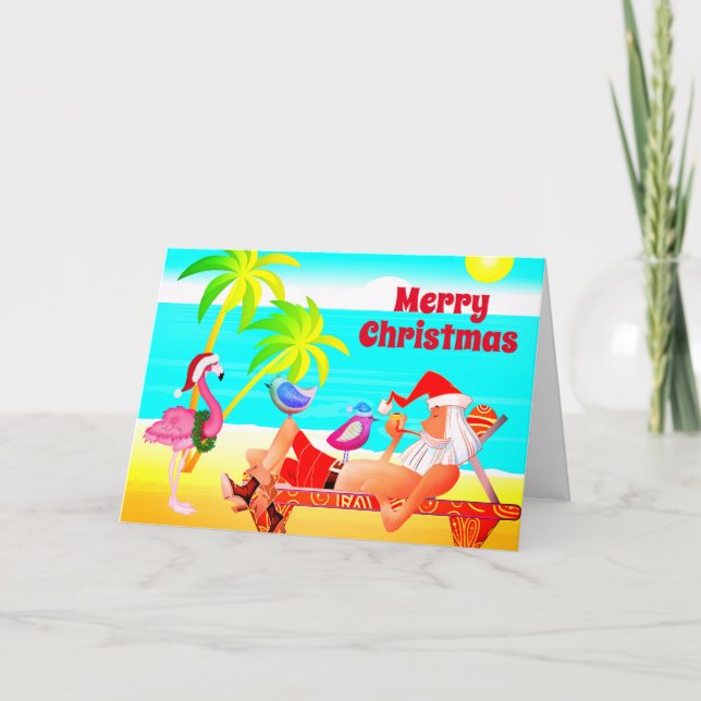 Cartes Pour Fêtes Annuelles Santa Clause et Birds Beach Joyeux Noël (Devant)