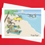 Cartes Pour Fêtes Annuelles Santa Clause et Reindeer Beach vacances Noël<br><div class="desc">Carte de Noël humoristique. Dessin de Père Noël et de ses rennes pour des vacances ensoleillées sur la plage tropicale. La Clause du Père Noël sans chandelles dans les troncs de natation rouge survole les vagues. Un renne court avec une planche de surf. D'autres rennes bronzent ou lisent sur le...</div>