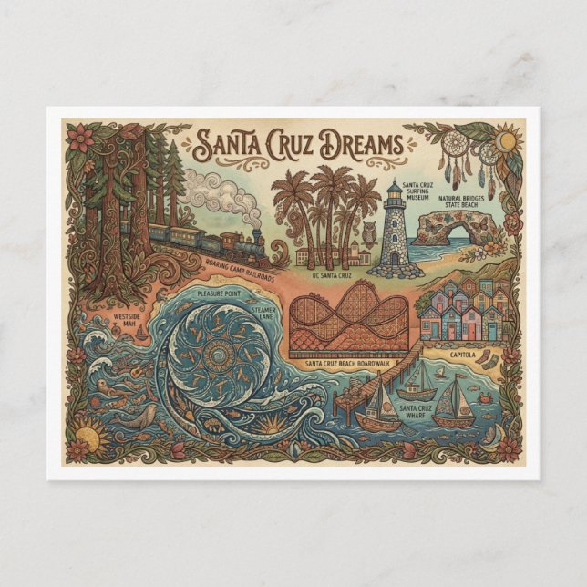 Cartes Pour Fêtes Annuelles Santa Cruz California Dreams Map – Vibrant Coast (Devant)