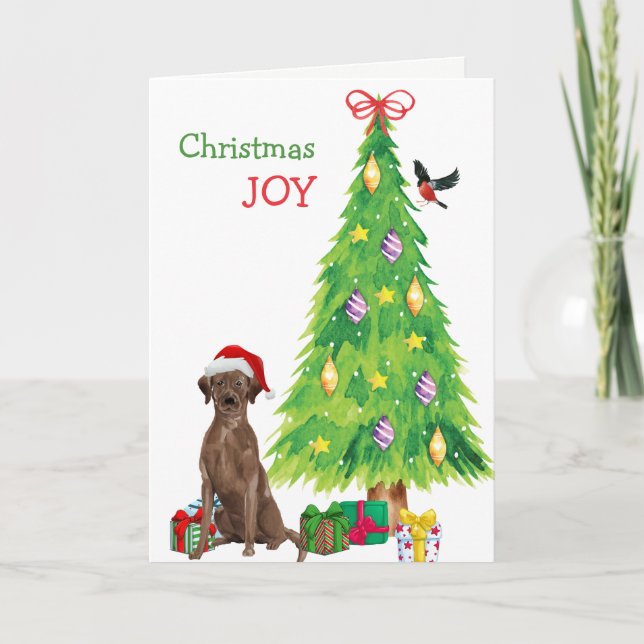Cartes Pour Fêtes Annuelles Santa Hat Chocolat Lab Chiot et Arbre de Noël (Devant)
