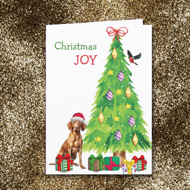 Cartes Pour Fêtes Annuelles Santa Hat Vizsla, Oiseau et Arbre de Noël (Créateur téléchargé)
