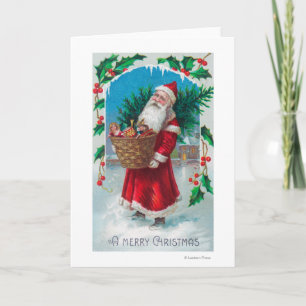 Cartes Pour Fêtes Annuelles Santa Holding Basket of Toys Scene