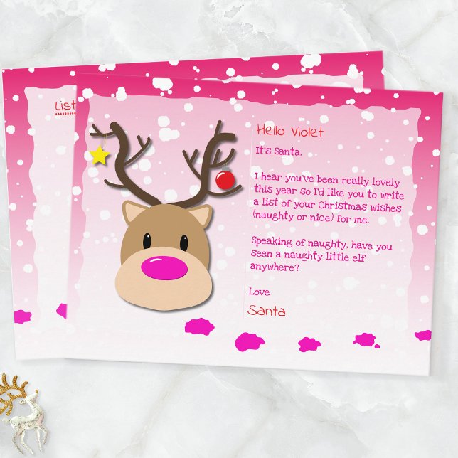 Cartes Pour Fêtes Annuelles Santa Letter, Christmas List, Postcard For kids (Pink Reindeer & Elf Santa Postcard For Kids)