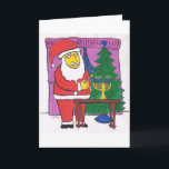 Cartes Pour Fêtes Annuelles Santa Lighting<br><div class="desc">Interfaith greeting card featuring Santa Lighting a Hanukkah Menorah, sur le front de Christmas Tree.</div>