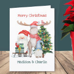 Cartes Pour Fêtes Annuelles Santa Sleigh et Gnome Gonk Cute Personalized<br><div class="desc">Personalized Christmas Card for kids with fully editable writing inside and out,  in whimsical typographiy. This cute design feh a watercolor illustration of Santa with a sledge of toxiques,  a gonk gnome,  reindeer moose et decorated Christmas tree. Please browse my store for coordinating gift wrap,  tags and stickers.</div>