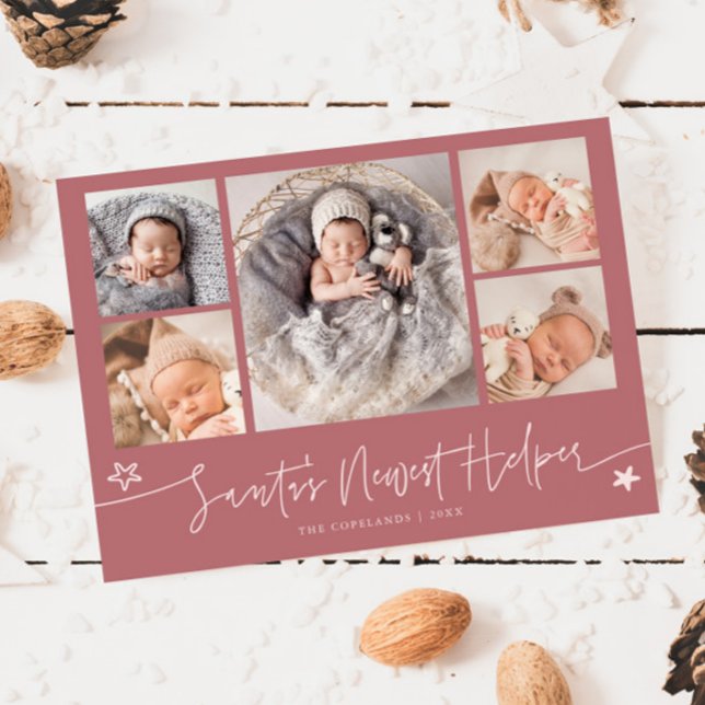 Cartes Pour Fêtes Annuelles Santa's Helper Christmas Pink Birth Announcement (Créateur téléchargé)