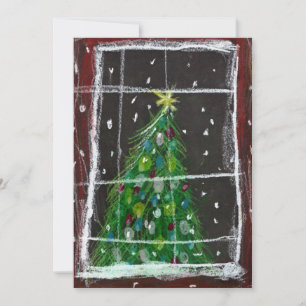 Cartes Pour Fêtes Annuelles Sapin de Noël à la fenêtre la nuit sous la neige a