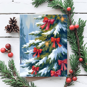 Cartes Pour Fêtes Annuelles Sapin de Noël avec Ruban Rouge   Peinture Aquarell