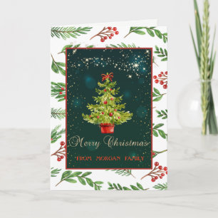 Cartes Pour Fêtes Annuelles Sapin de Noël, Étoiles, Baies de houx, Vert