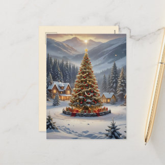 Cartes Pour Fêtes Annuelles Sapin de Noël festif dans un village de montagne