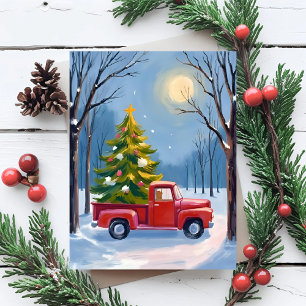 Cartes Pour Fêtes Annuelles Sapin de Noël Livraison Camion Rouge Aquarelle