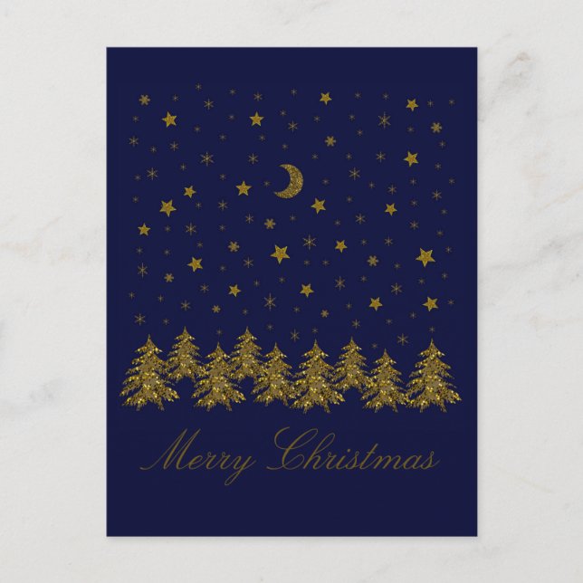 Cartes Pour Fêtes Annuelles Sapin de Noël or brillant, lune, étoiles sur fond  (Devant)
