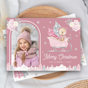 Cartes Pour Fêtes Annuelles Sapin de Noël Rose Poussiéreux Ourson Mignon Arche
