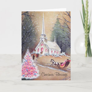 Cartes Pour Fêtes Annuelles Sapin de Noël Rose Vintage Église de Campagne