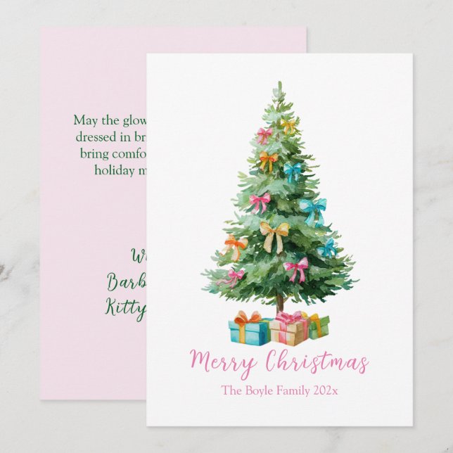Cartes Pour Fêtes Annuelles Sapins de Noël Rubans Rose Pastel (Devant / Derrière)