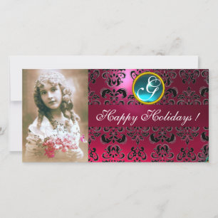 Cartes Pour Fêtes Annuelles Sapphire noir et rose DAMASK Monogramme