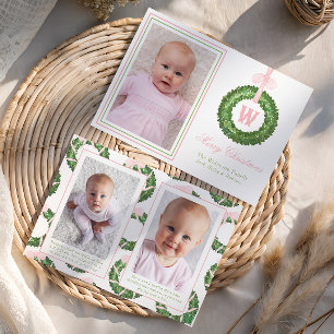 Cartes Pour Fêtes Annuelles Sash rose Bow Noël Monogramme Wreath