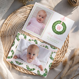 Cartes Pour Fêtes Annuelles Sash rose Bow Noël Monogramme Wreath