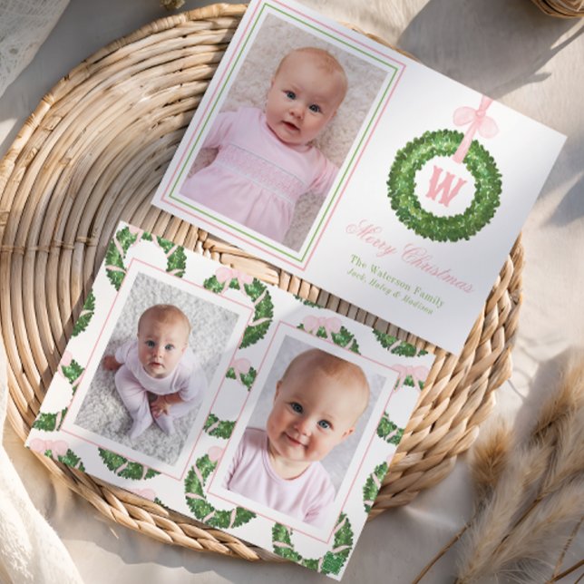 Cartes Pour Fêtes Annuelles Sash rose Bow Noël Monogramme Wreath (Créateur téléchargé)