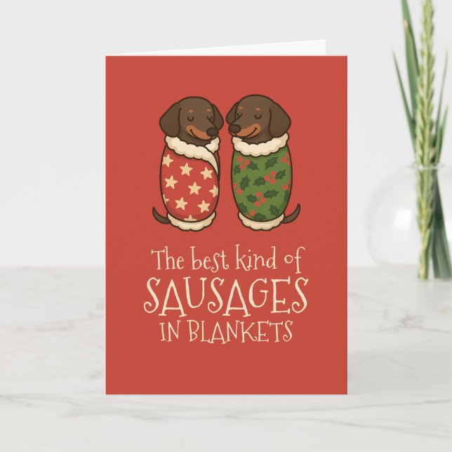 Cartes Pour Fêtes Annuelles Saucisses de Dachshund dans les couvertures Noël (Devant)