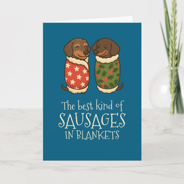 Cartes Pour Fêtes Annuelles Saucisses de Dachshund dans les couvertures Noël (Devant)