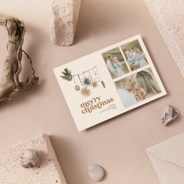 Cartes Pour Fêtes Annuelles Scandi Boho Neutral Famille 3 Photo Joyeux Ho (Créateur téléchargé)