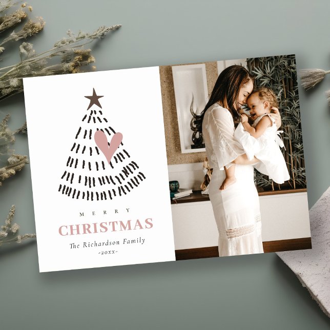 Cartes Pour Fêtes Annuelles Scandi Minimal Blush Heart Christmas Tree Photo (Créateur téléchargé)
